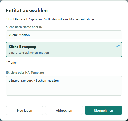 Entitätsauswahl mit Suchergebnis