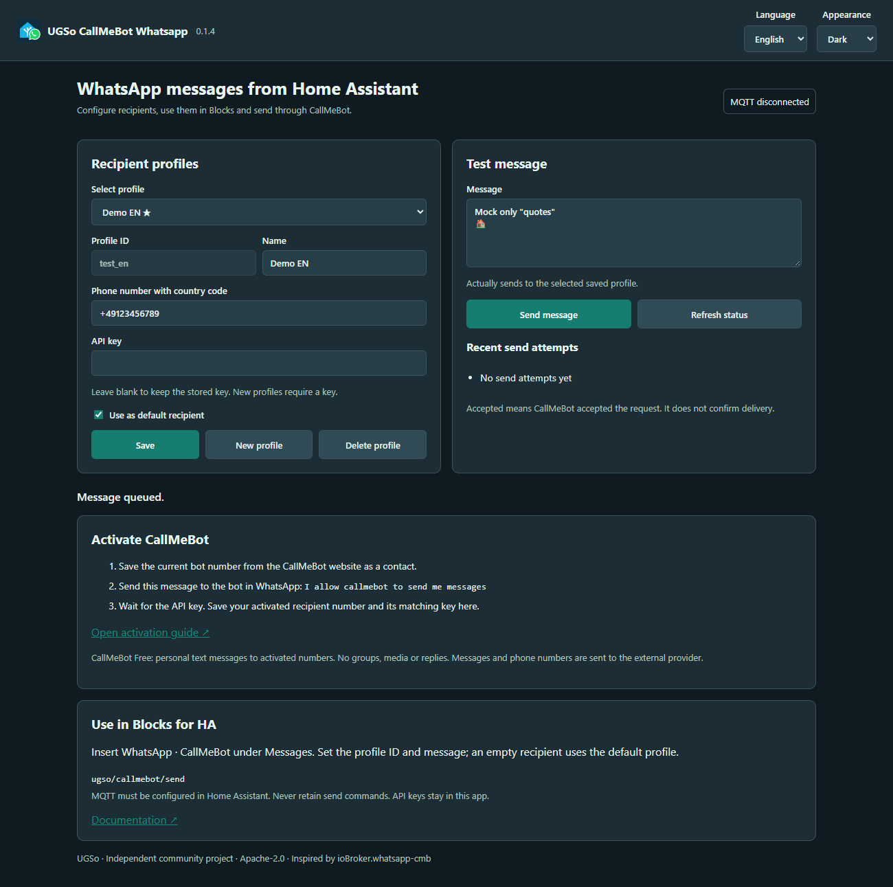 English CallMeBot interface