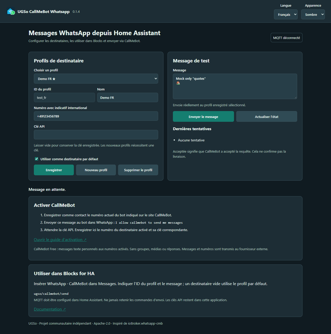 Interface CallMeBot en français