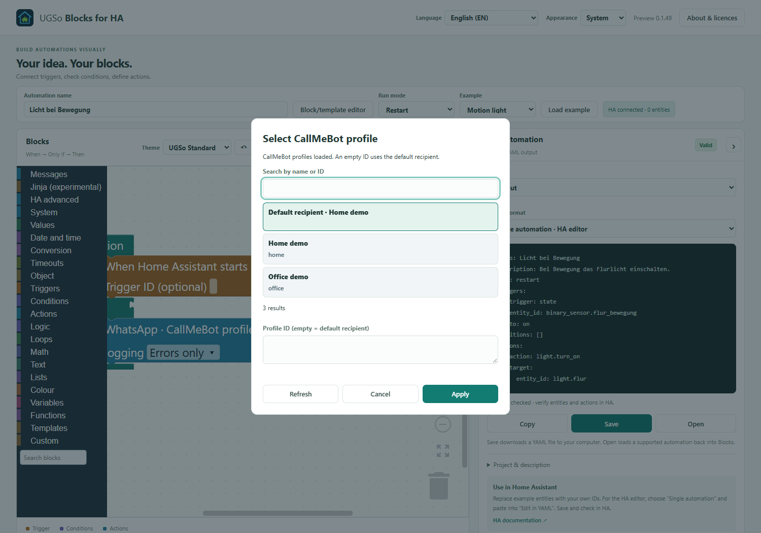 English CallMeBot profile picker