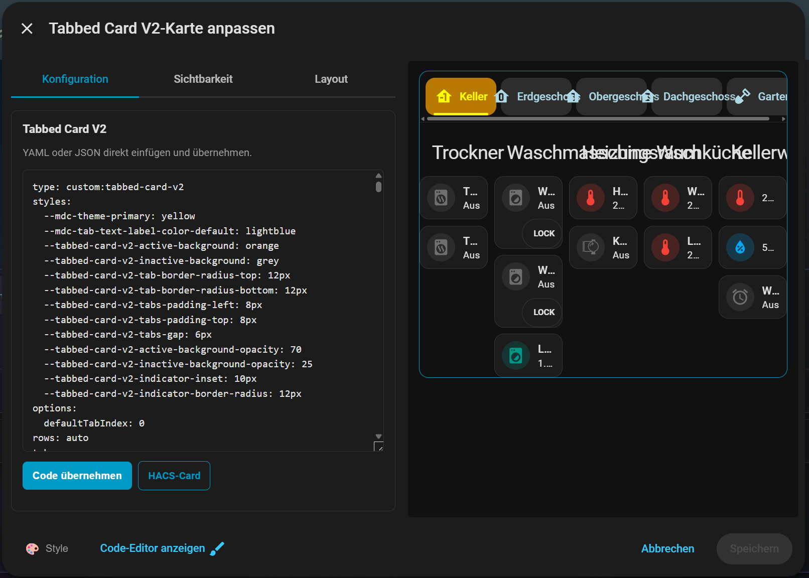 Tabbed Card V2 Styling im Home-Assistant-Editor