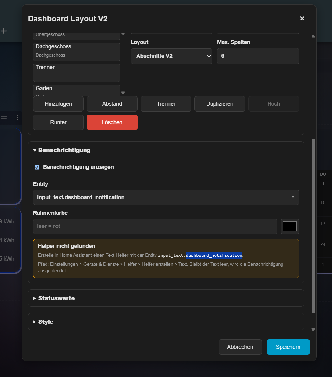Dashboard Layout Card V2 Helper-Hinweis