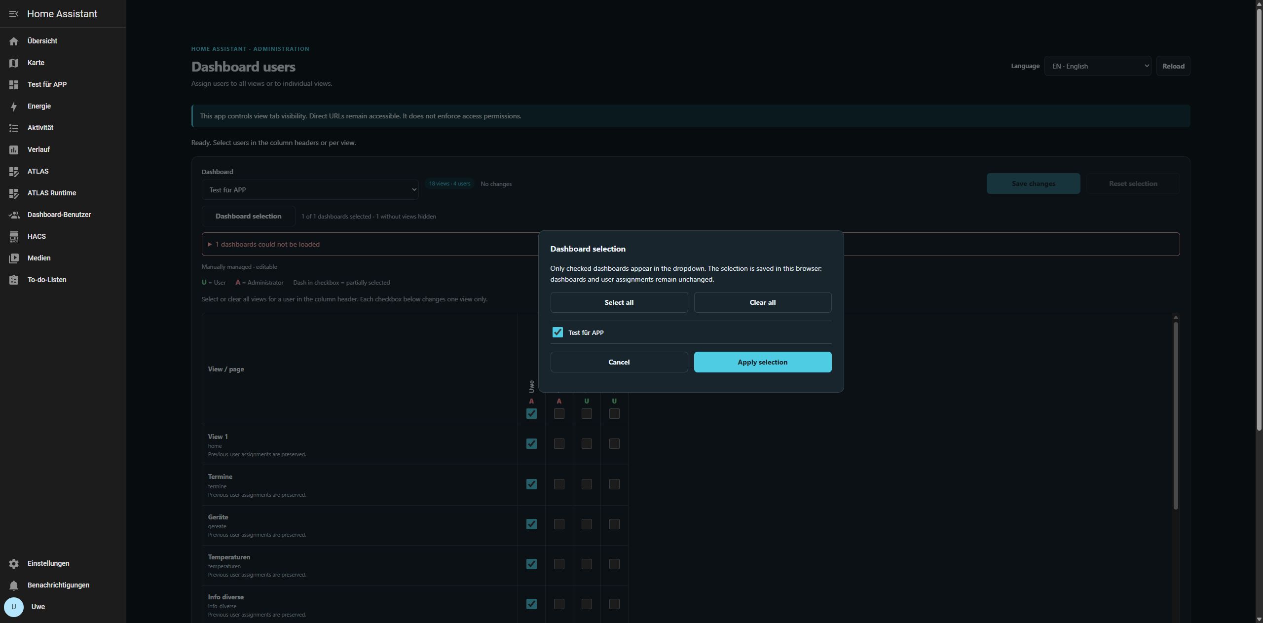 Dashboard selection 0.1.5 with checkboxes on .177