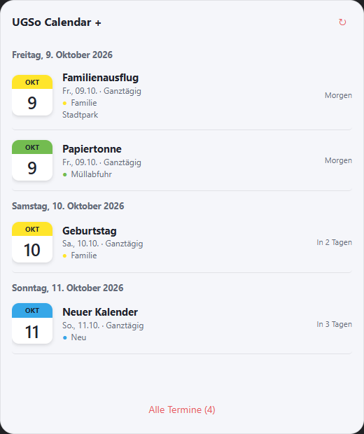 Calendar + mit farbigen Kalenderkacheln, Tagesgruppen und Terminliste