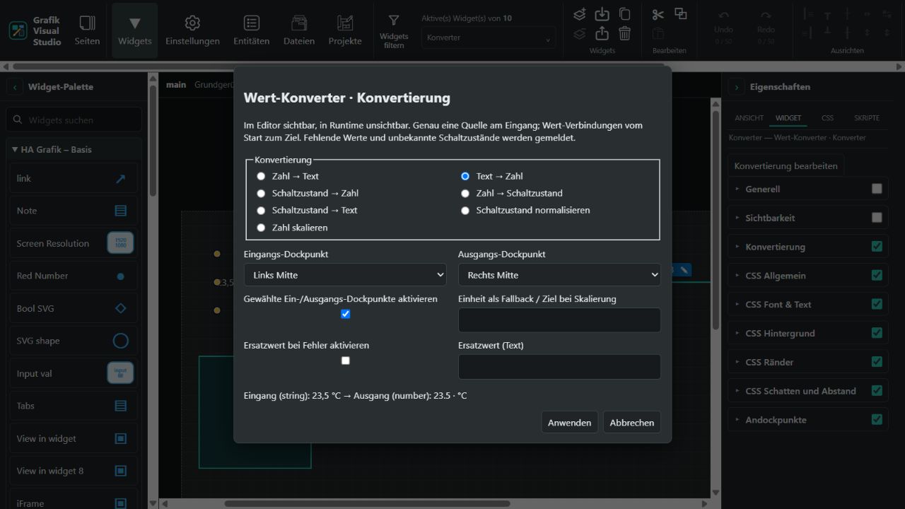 Konverterdialog mit Radiobuttons und Vorschau für Temperaturtext zu Zahl