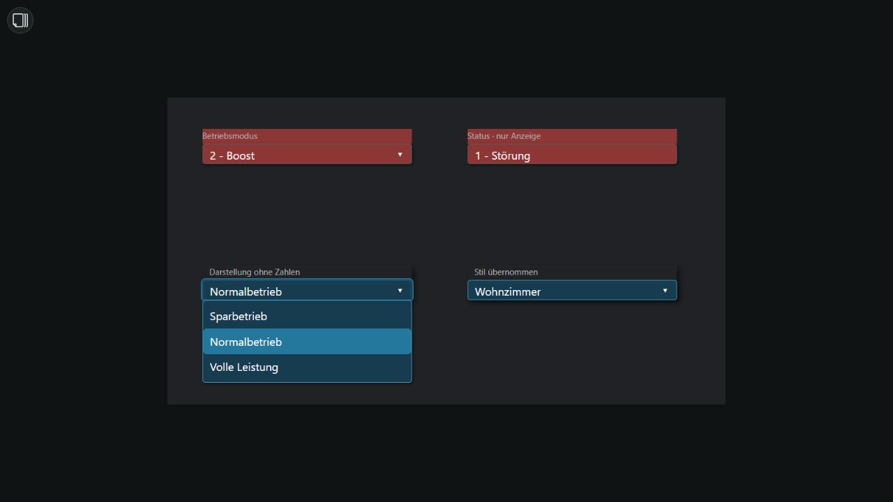 Dropdowns mit bedingtem Hintergrund, Schreibschutz, geöffnetem Menü und übernommenem Stil
