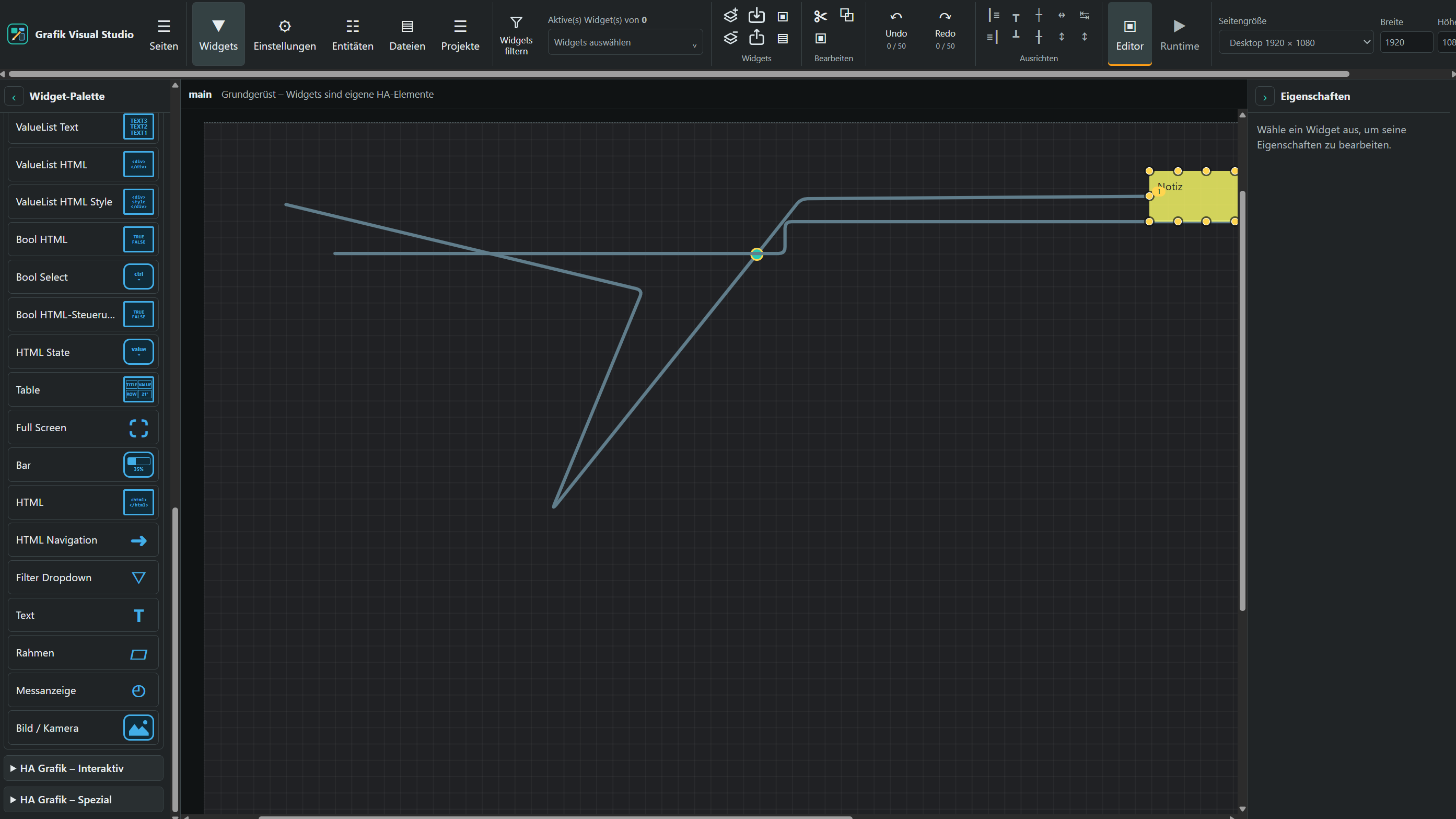 Editor von HA Grafik Visual Studio mit Widget-Palette und SVG-Verbindungslinien