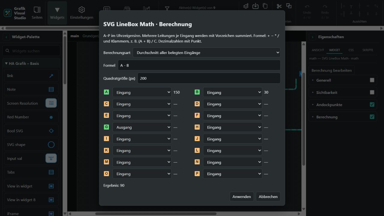 SVG LineBox Math: Berechnungsdialog mit Anschlüssen A–P, Eingangswerten und Durchschnitt 90