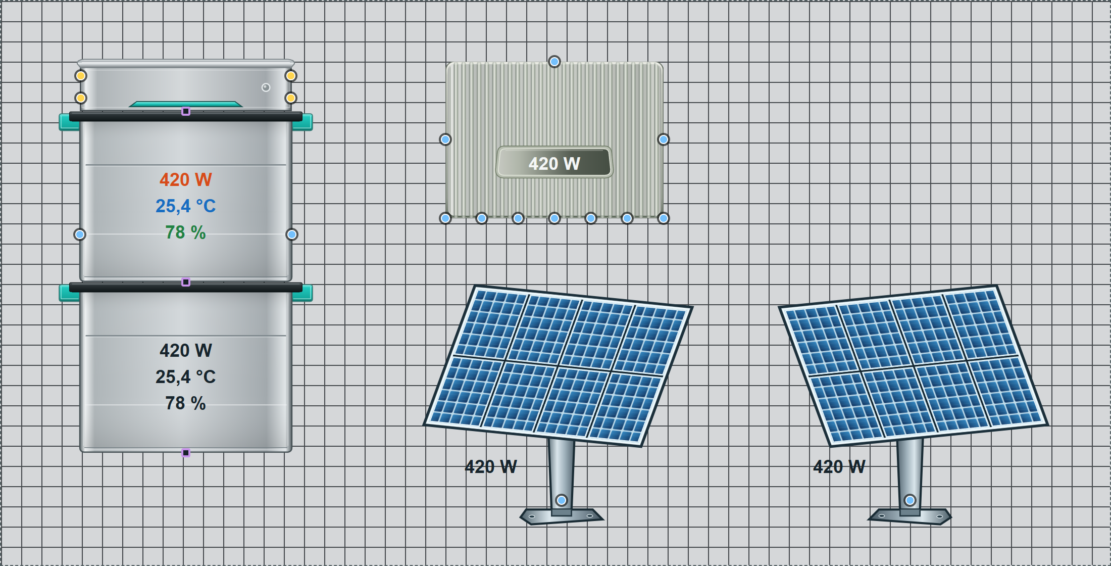 Solar im Editor: Batteriestapel, Solo-Wechselrichter und beide Solarpanel-Ausrichtungen